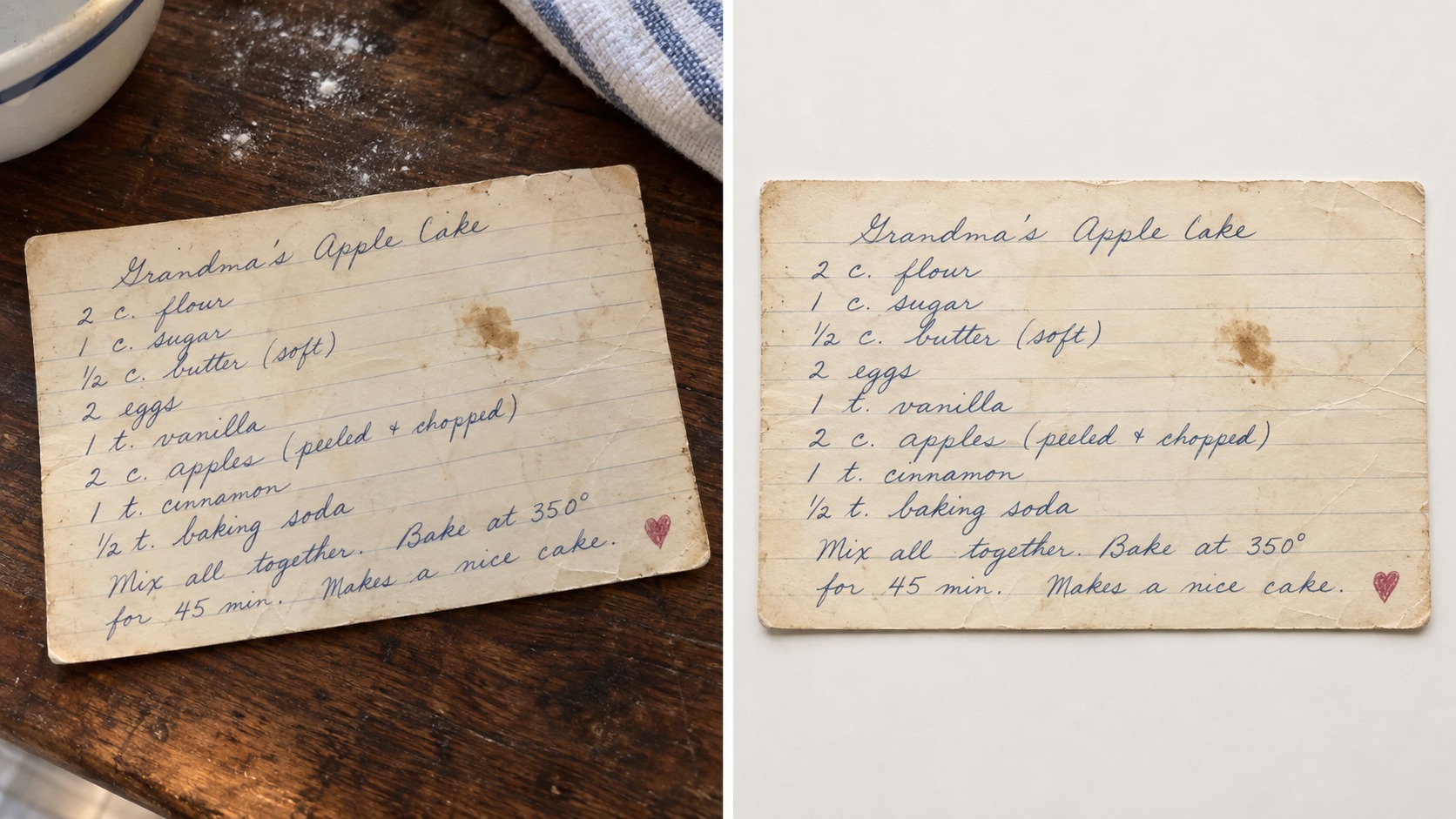 A fictional vintage apple cake recipe card shown as an ordinary phone photo and as a clean preserved scan
