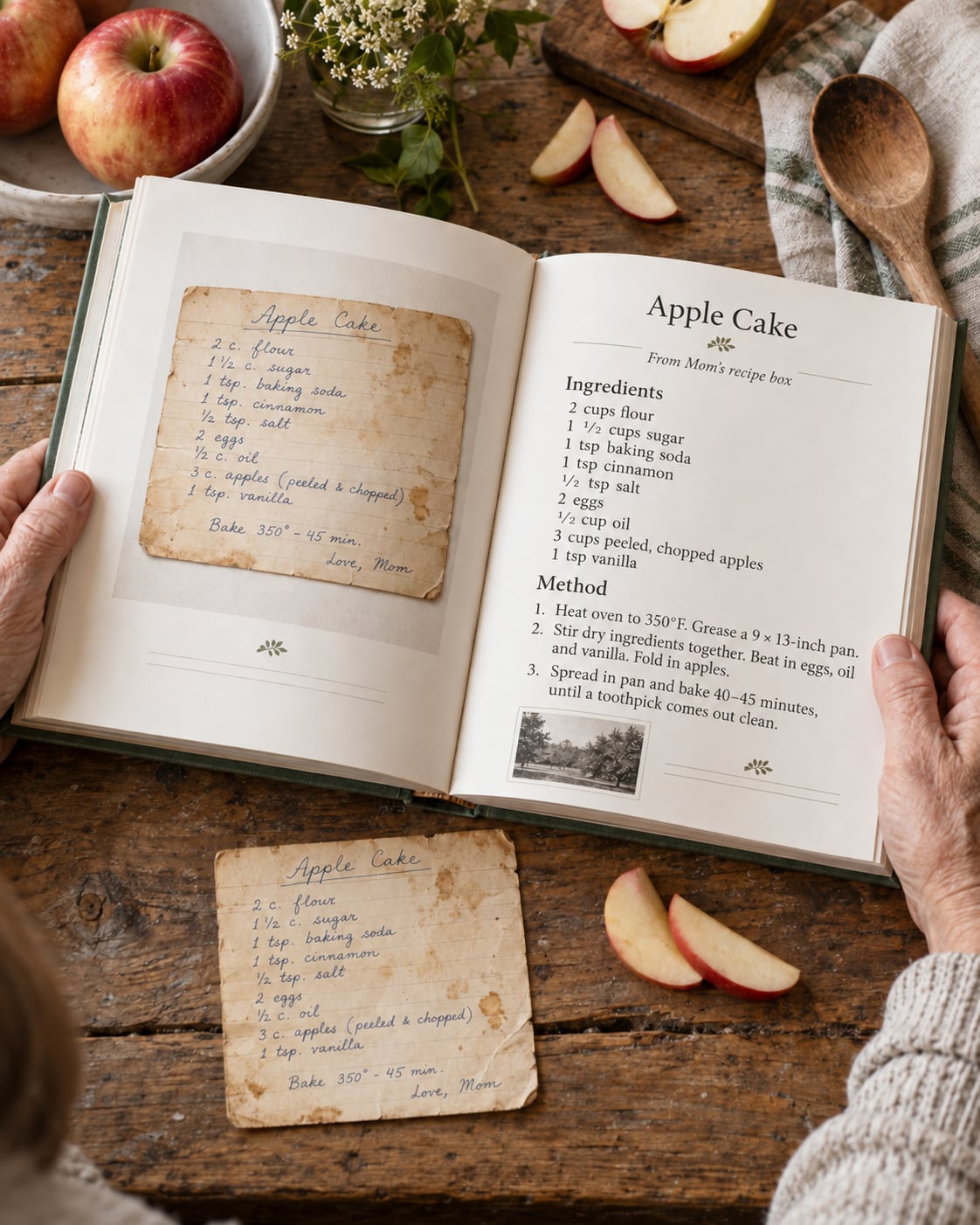 A sample keepsake book open to a readable Apple Cake recipe beside an aged handwritten recipe card